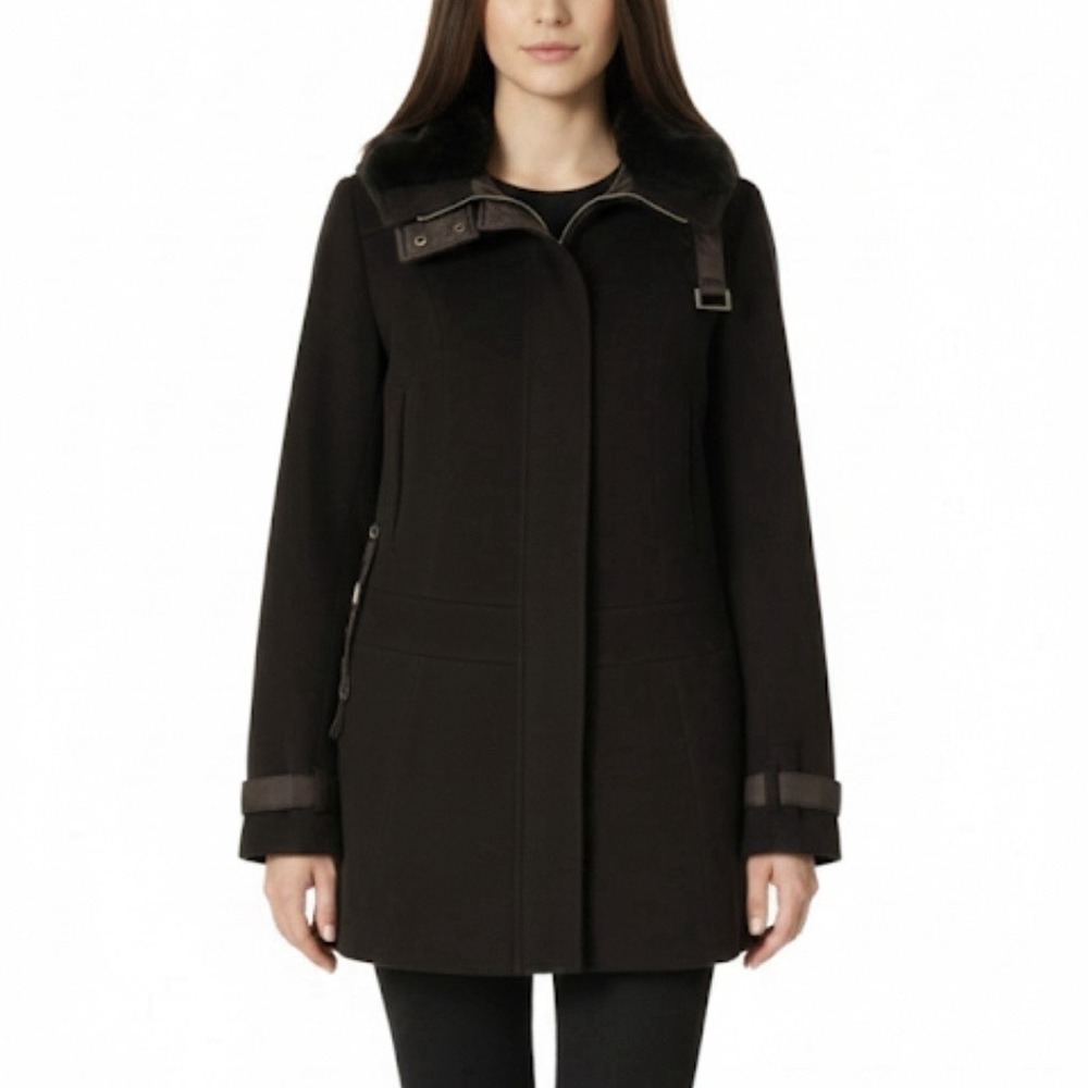 'S Max Mara 100% Virgin Wool Faux Fur Trimmed Coat in Chocolate Brown Size 8